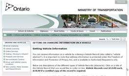 The Top of the Web Page for the MTO Information on Getting or Changing Information on a Vehicle