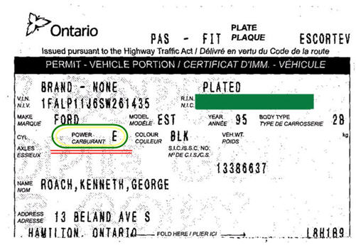 This is a scan of Ken's Newly Minted Registration Showing the Power as 'E'